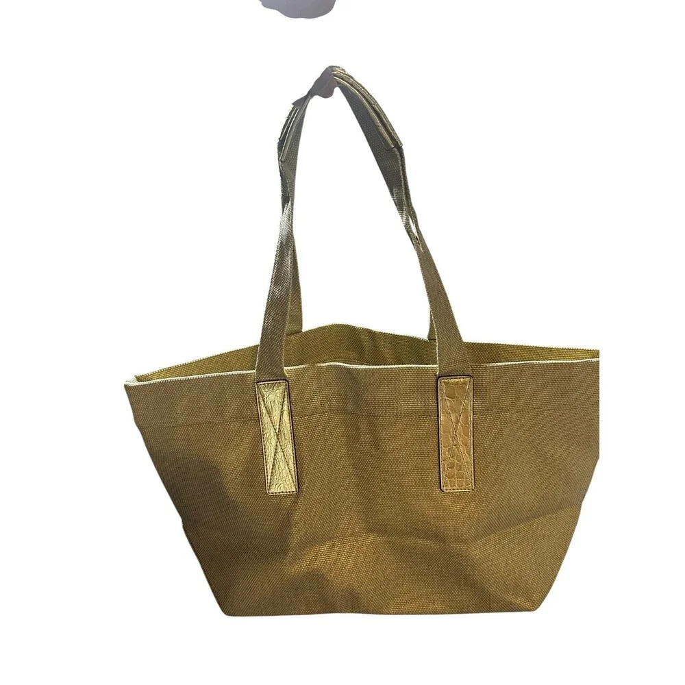 MICHAEL KORS Chic Tote Beige Canvas Gold Shimmer Tote Bag Shopper NWOT